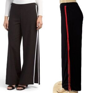 Sans Souci Black Open Leg Red Stripe Long Lightweight Elastic Waist Rayon Pant L